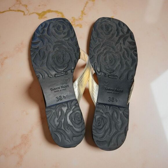 Taryn Rose Tyra Crinkle Metallic Leather Sandals Silver/Tan Size 38.5 US 8 - Picture 3 of 5